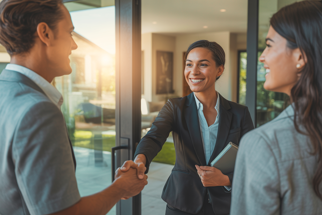 Professional Florida realtor welcoming clients at modern home entrance