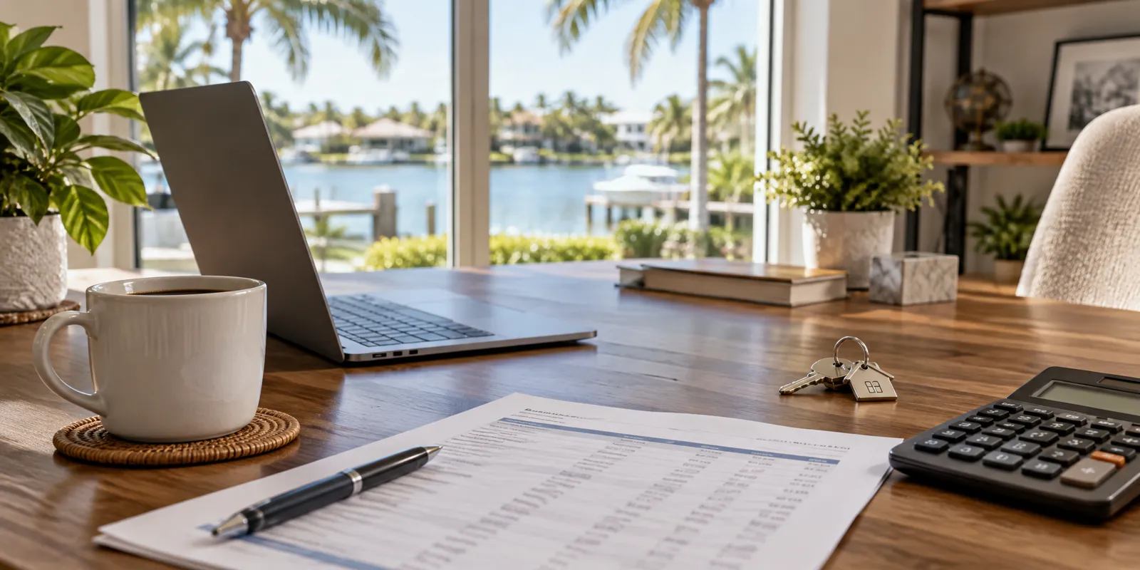 Florida real estate agent desk with a calculator, budget sheet, laptop and house keys beside a window with palm trees