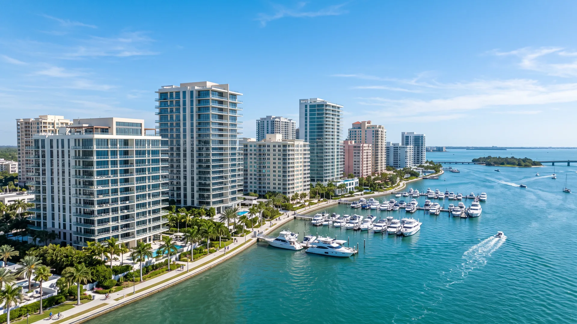 Modern coastal Florida condominium towers along the waterfront representing condo milestone inspections and structural integrity reserve studies