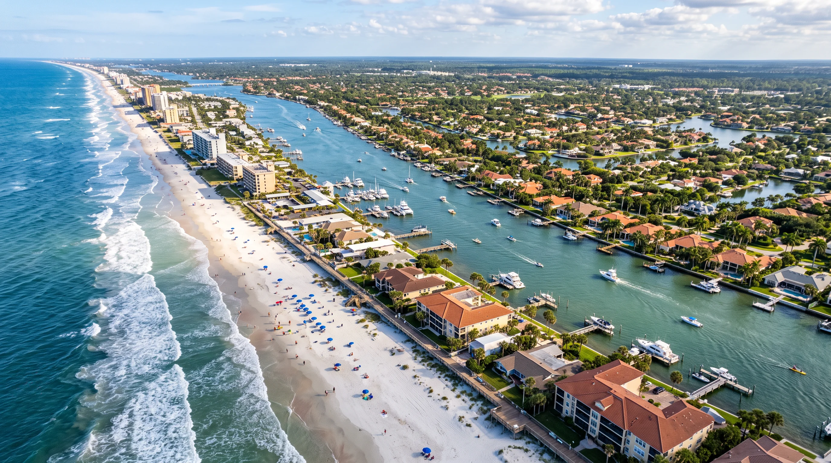 Aerial view of the Daytona Beach coastline and Volusia County, Florida
