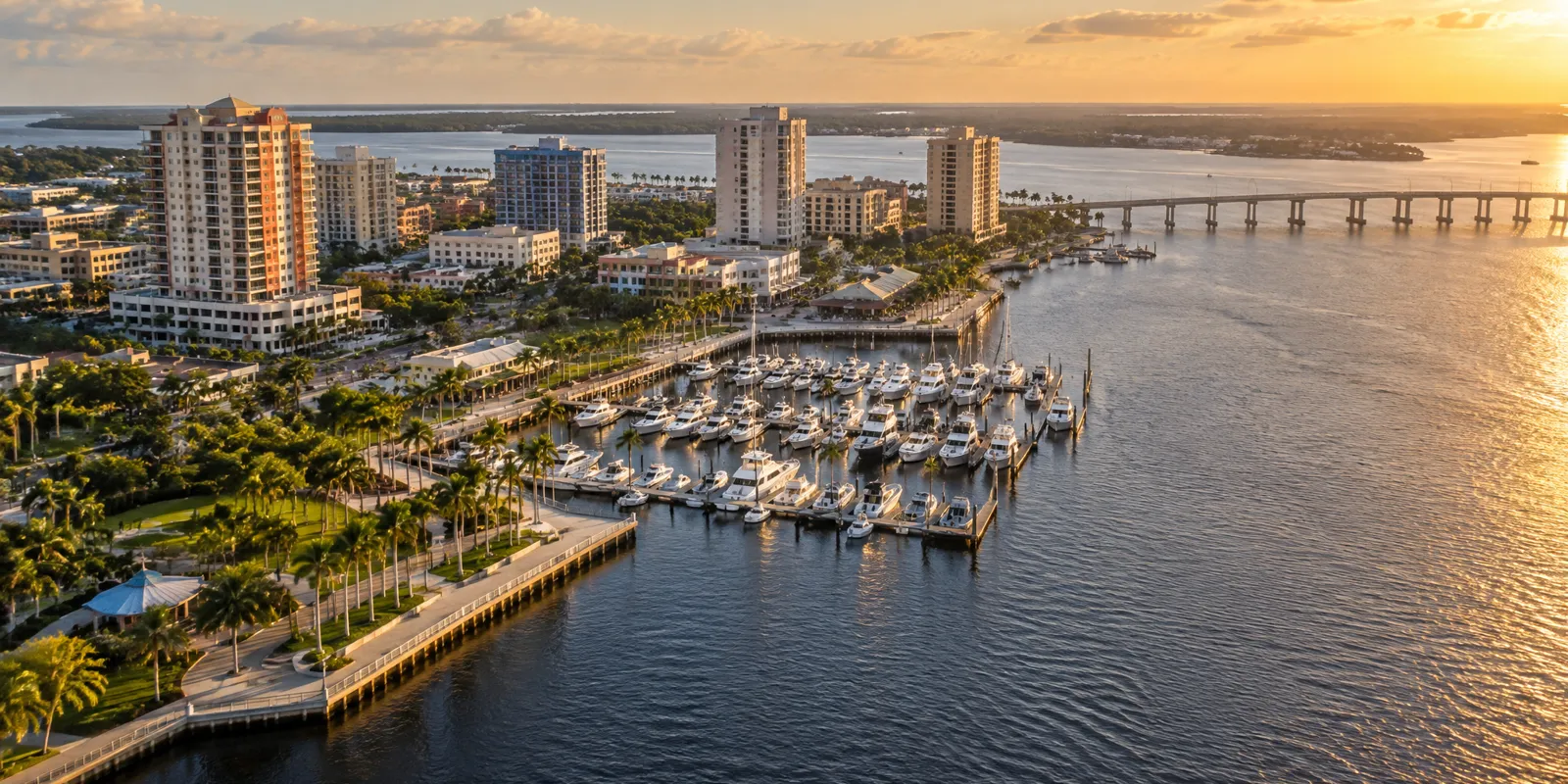 Aerial view of a riverfront downtown skyline, a marina full of boats and a palm-lined waterfront park at sunset in Southwest Florida