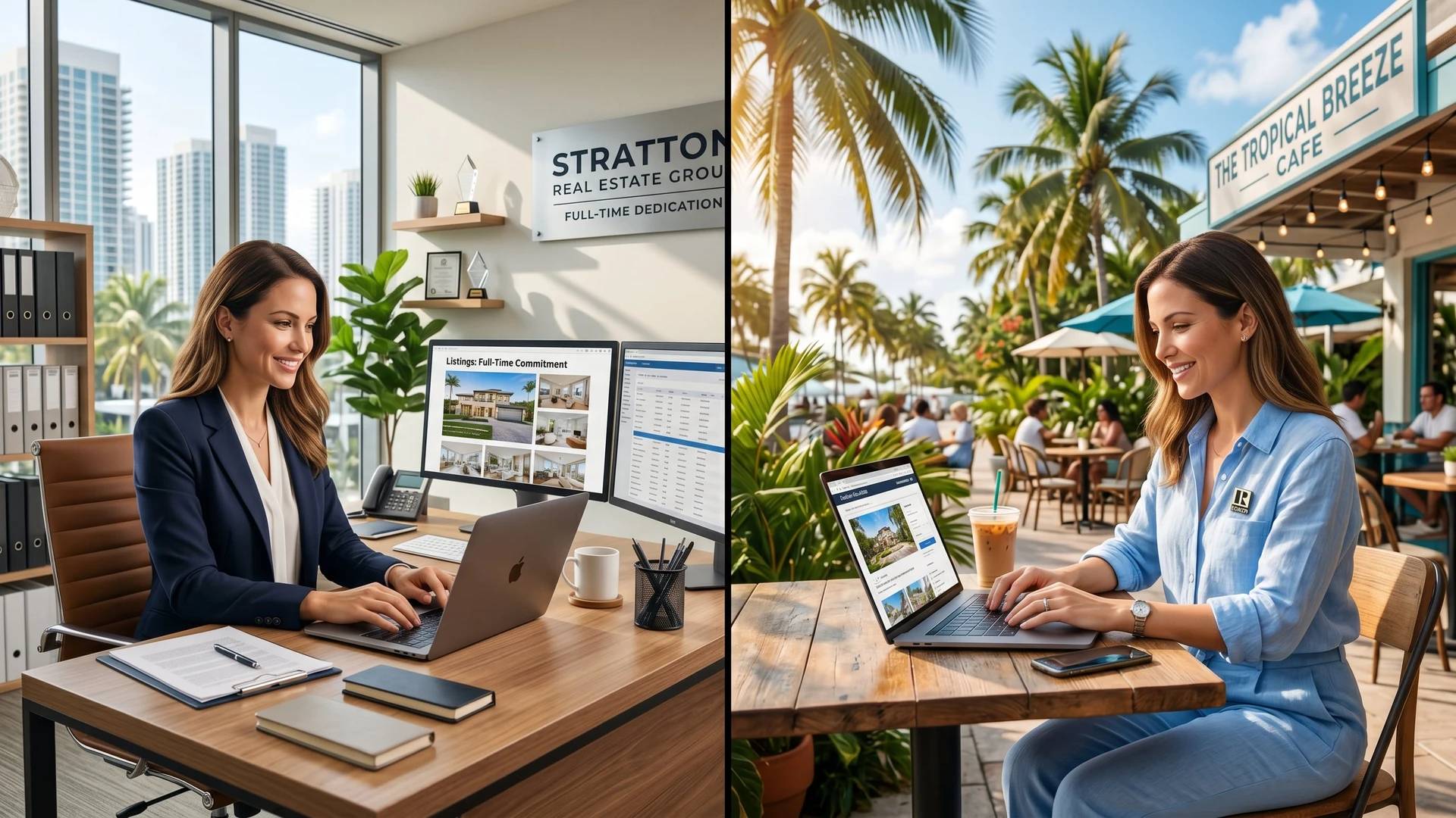 Split concept showing full-time office work and flexible part-time real estate in Florida