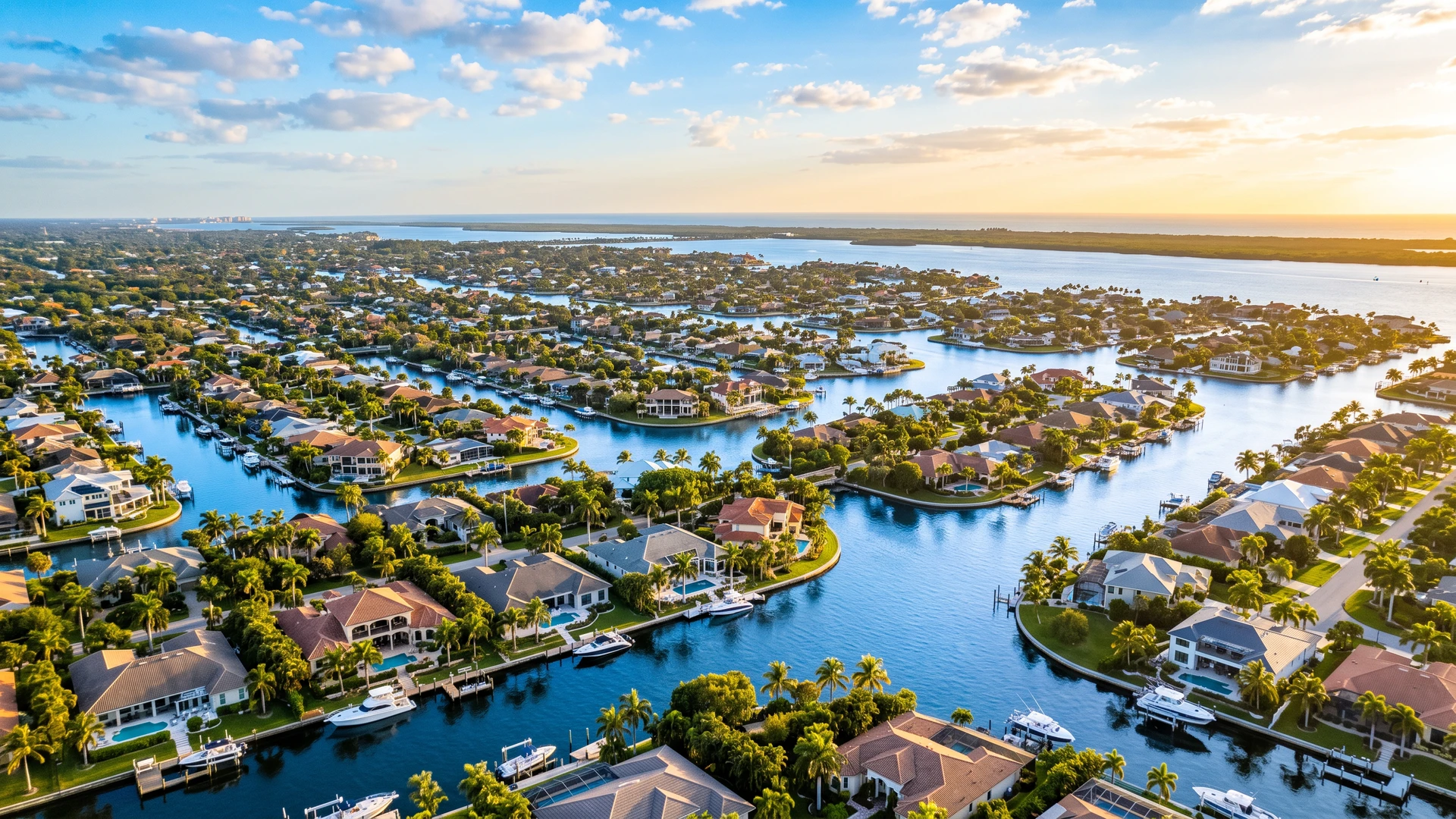 Aerial view of Cape Coral canals and waterfront homes with palm trees and blue sky