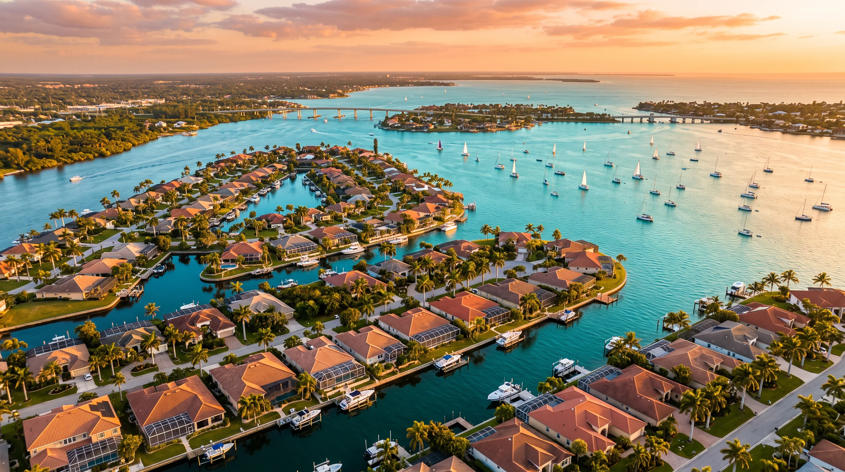 Aerial golden-hour view of Charlotte County Florida showing the Punta Gorda and Port Charlotte waterfront along Charlotte Harbor with canals, sailboats, and palm-lined coastal homes