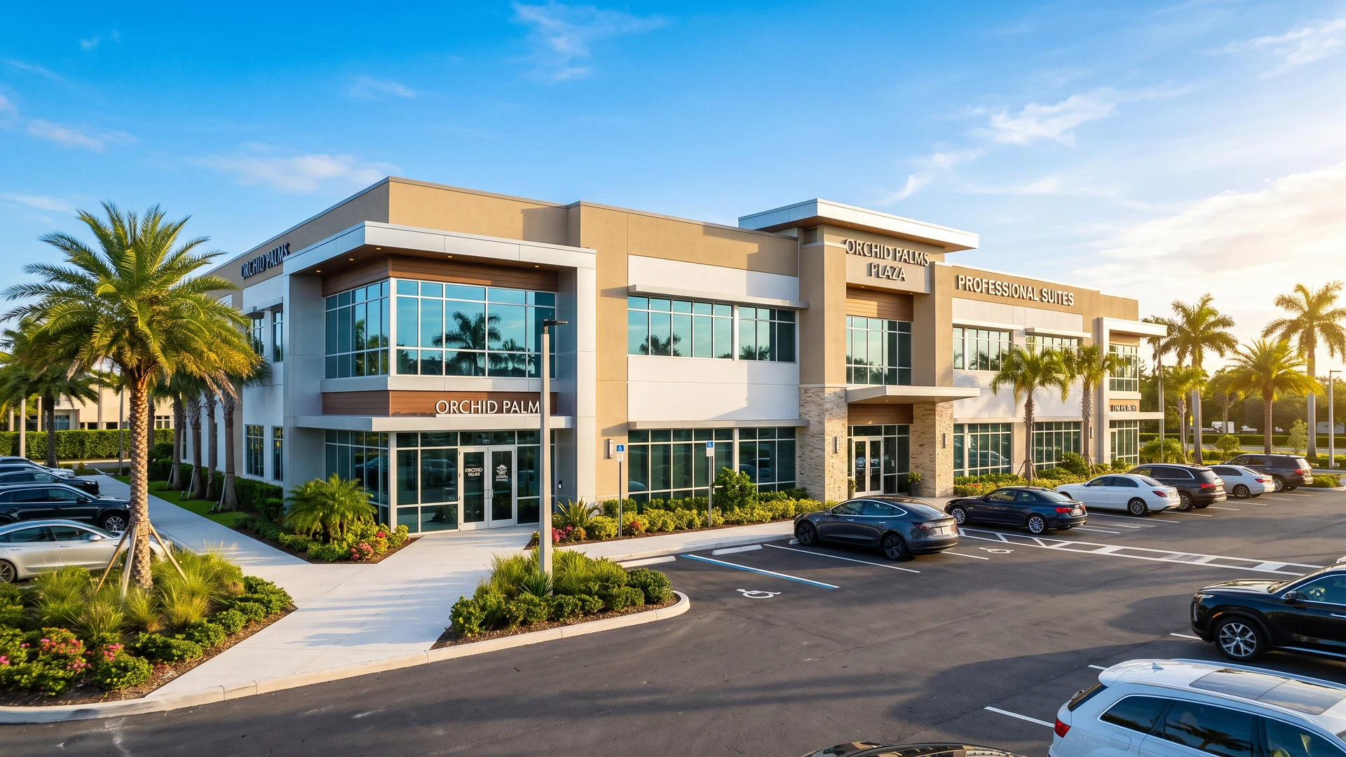 Modern commercial office building exterior in Florida with palm trees and blue sky