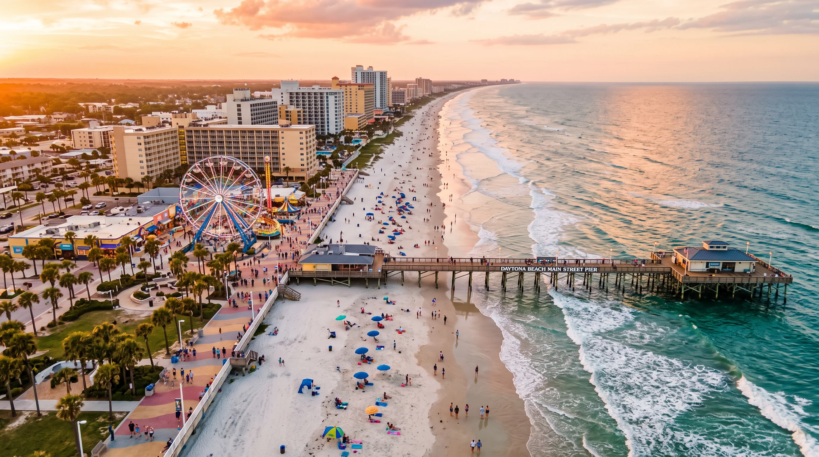 Aerial golden-hour view of Daytona Beach Florida showing the Main Street Pier, boardwalk, Atlantic coastline, and oceanfront buildings representing the Volusia County real estate market