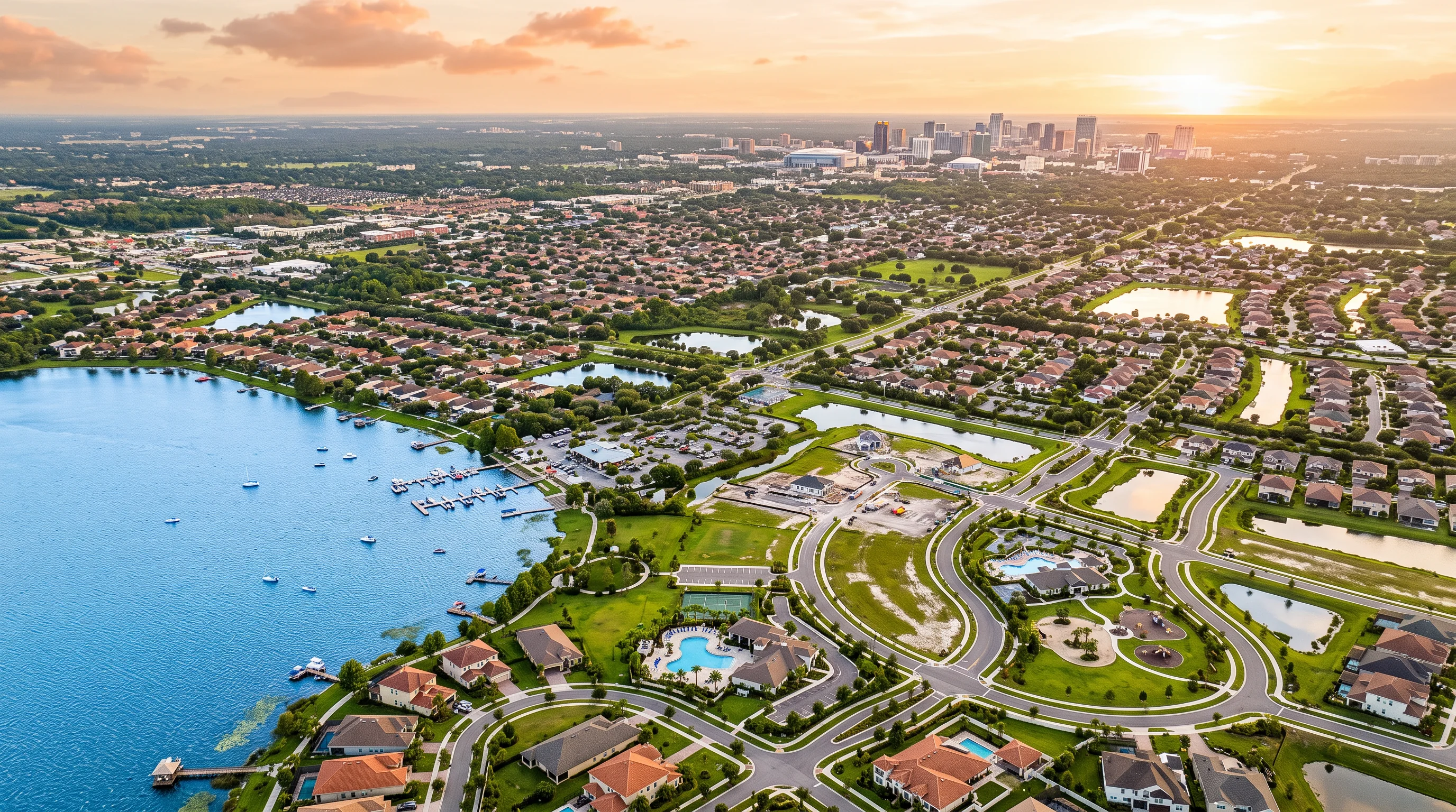 Aerial golden-hour view of Kissimmee and Osceola County Florida showing Lake Tohopekaliga, palm-lined neighborhoods, and new-construction communities near Orlando