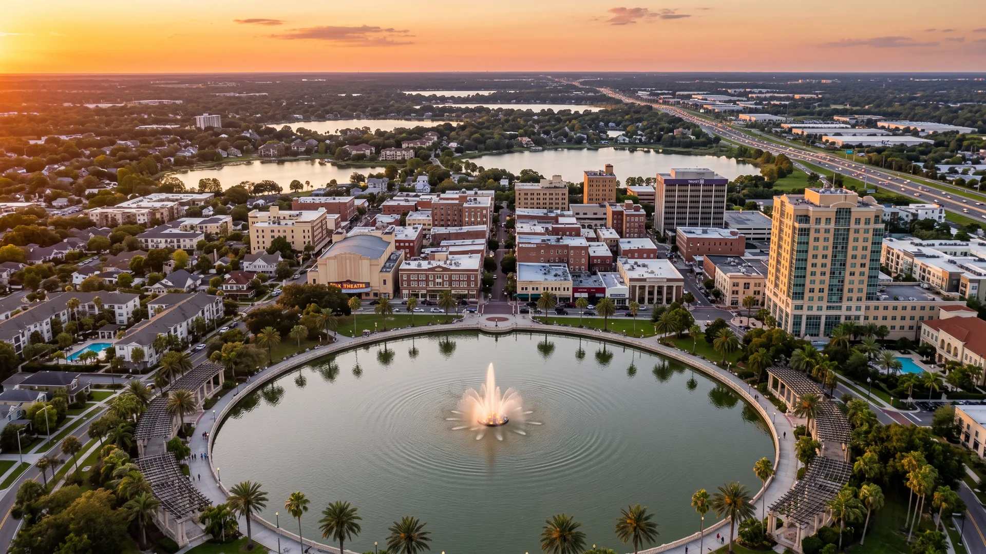 Aerial golden-hour view of downtown Lakeland Florida with Lake Mirror, fountain, and palm-lined waterfront representing the Central Florida real estate market