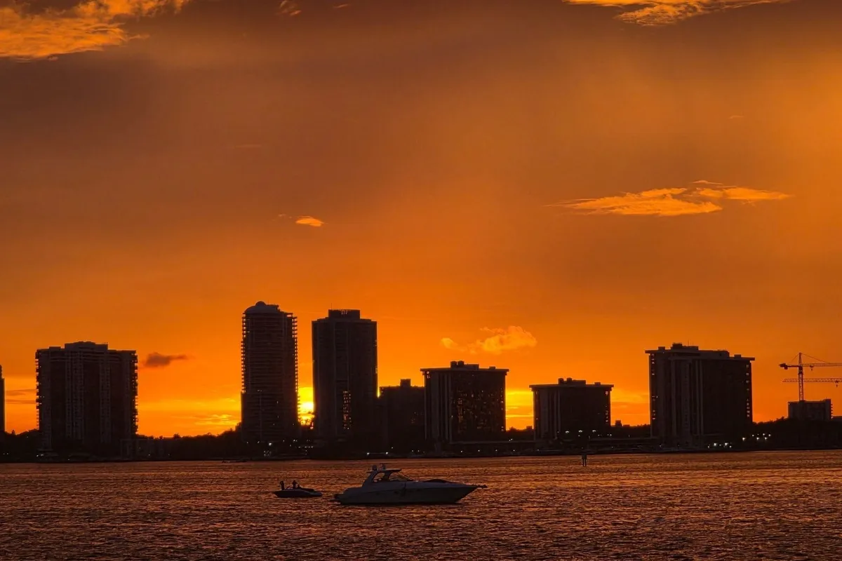 Downtown Miami and Brickell skyline at golden hour from Biscayne Bay