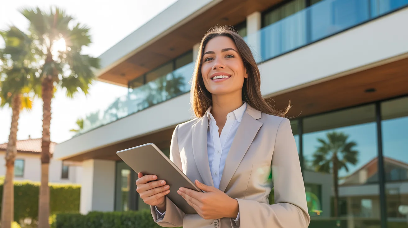 New real estate agent standing confidently in front of a modern Florida home