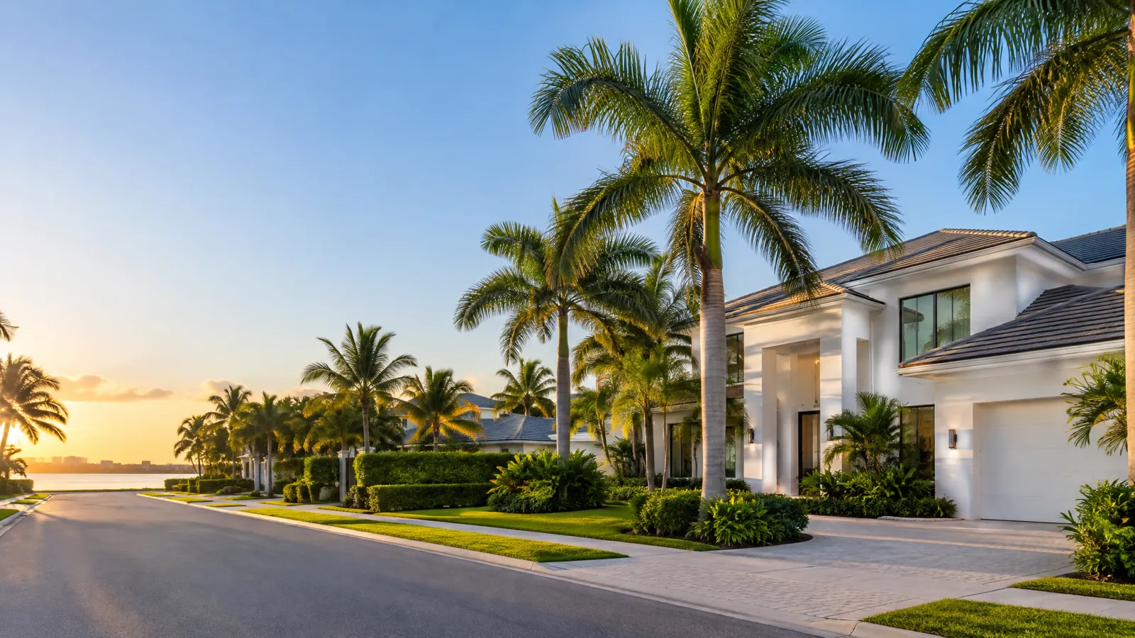 Modern white South Florida home with tall palm trees at golden hour