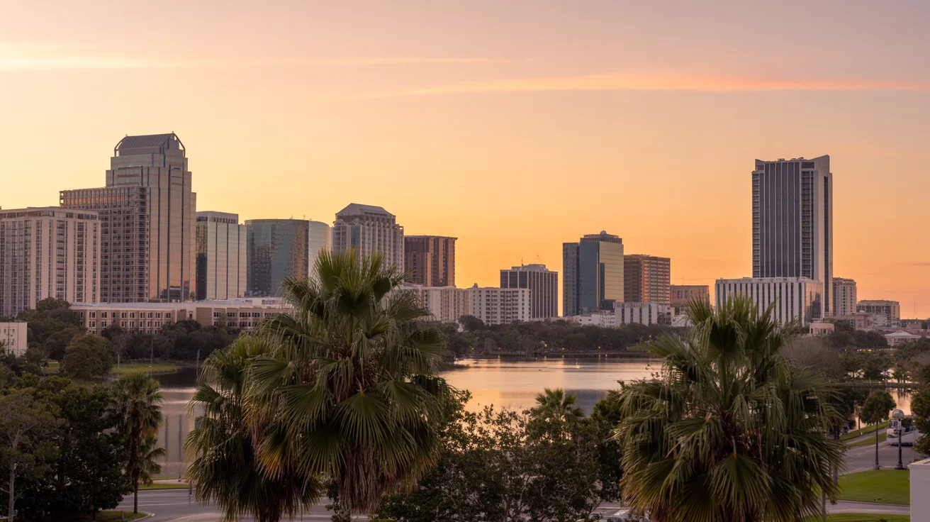 Skyline de Orlando ao entardecer — corretor brasileiro em Orlando
