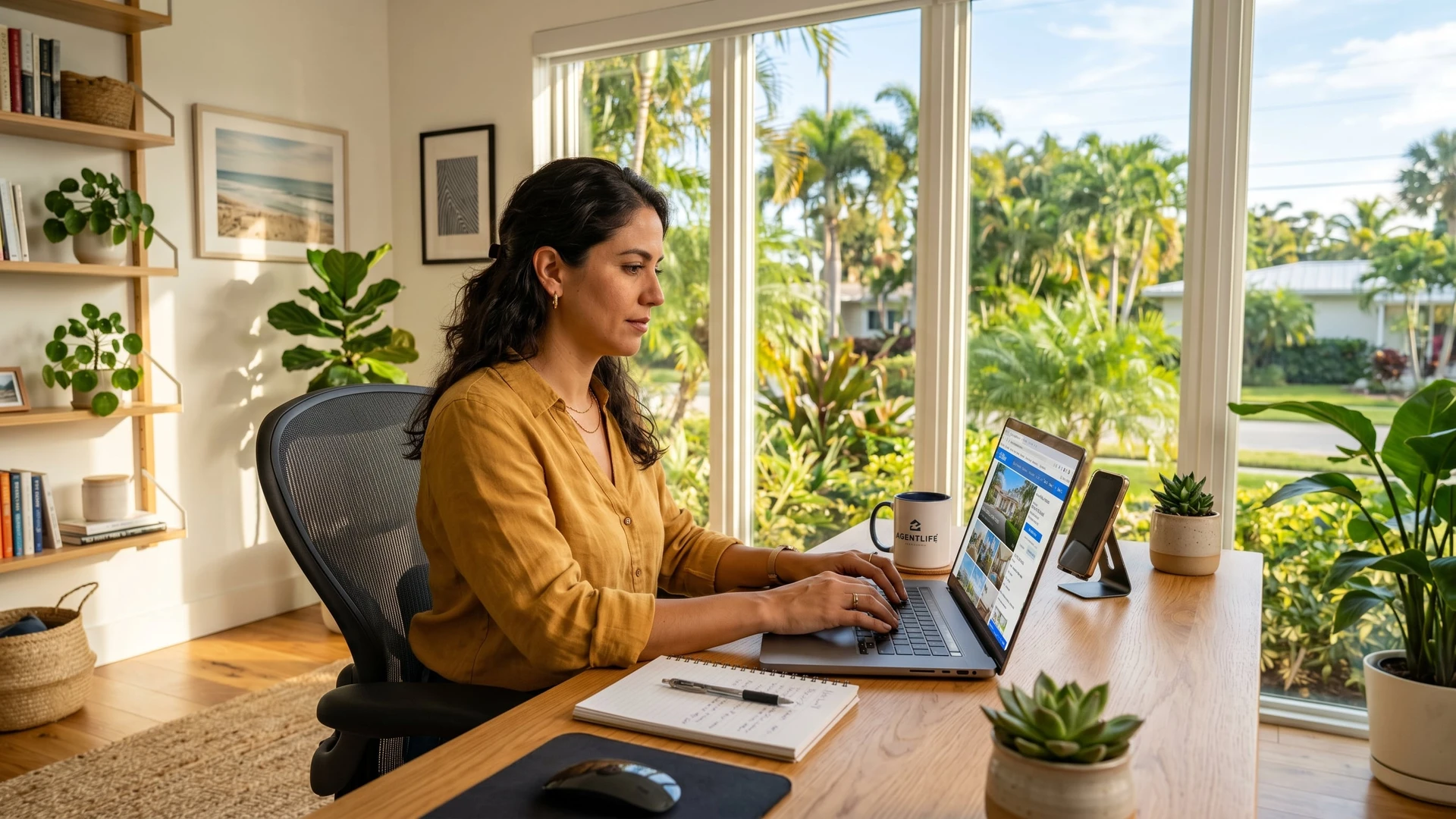 Real estate professional working flexibly from a bright home office with Florida sunlight