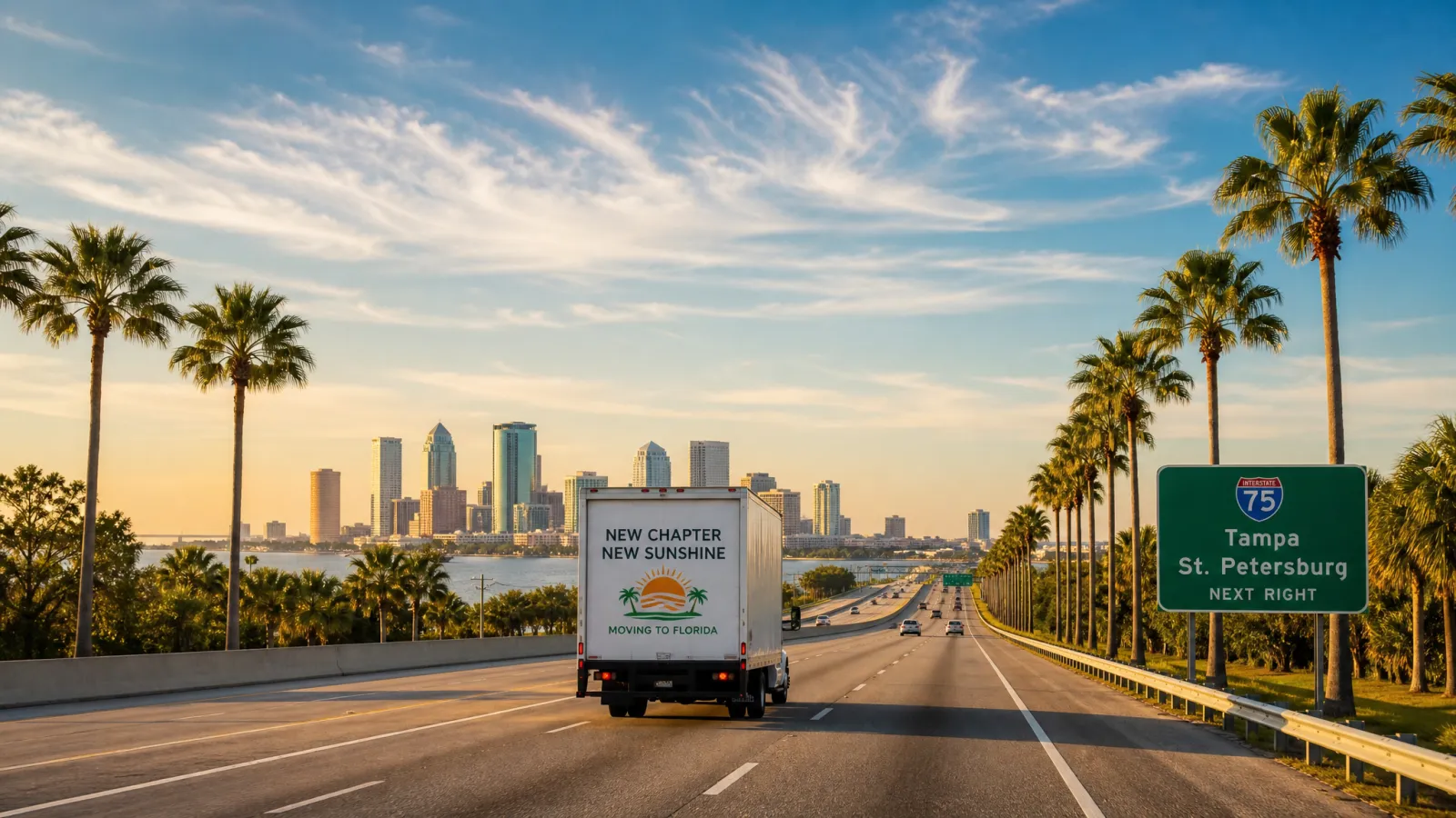 Florida highway lined with palm trees leading toward a coastal skyline, representing relocating to Florida