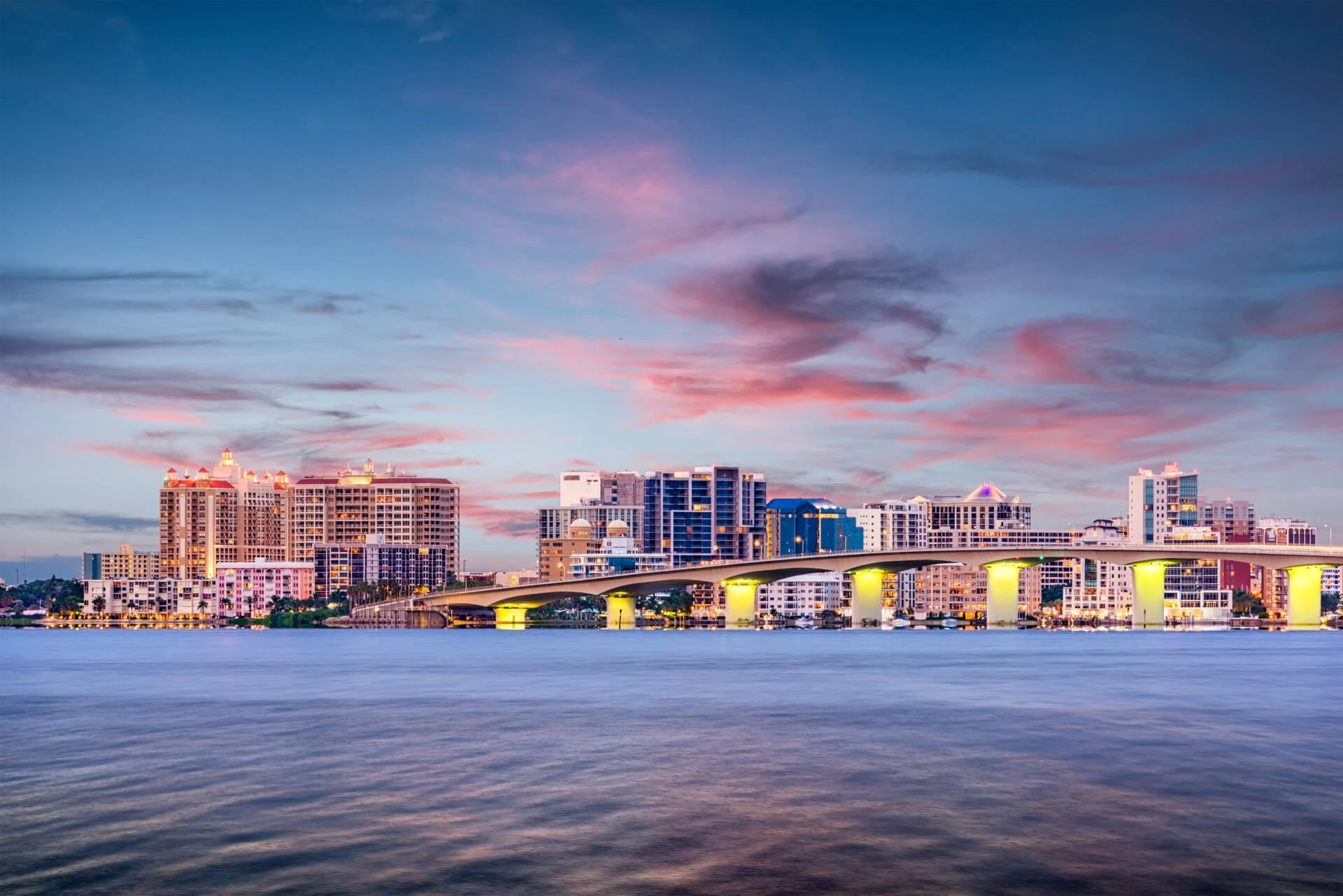 Sarasota Florida waterfront skyline and bay at sunset representing the premium Gulf Coast real estate market