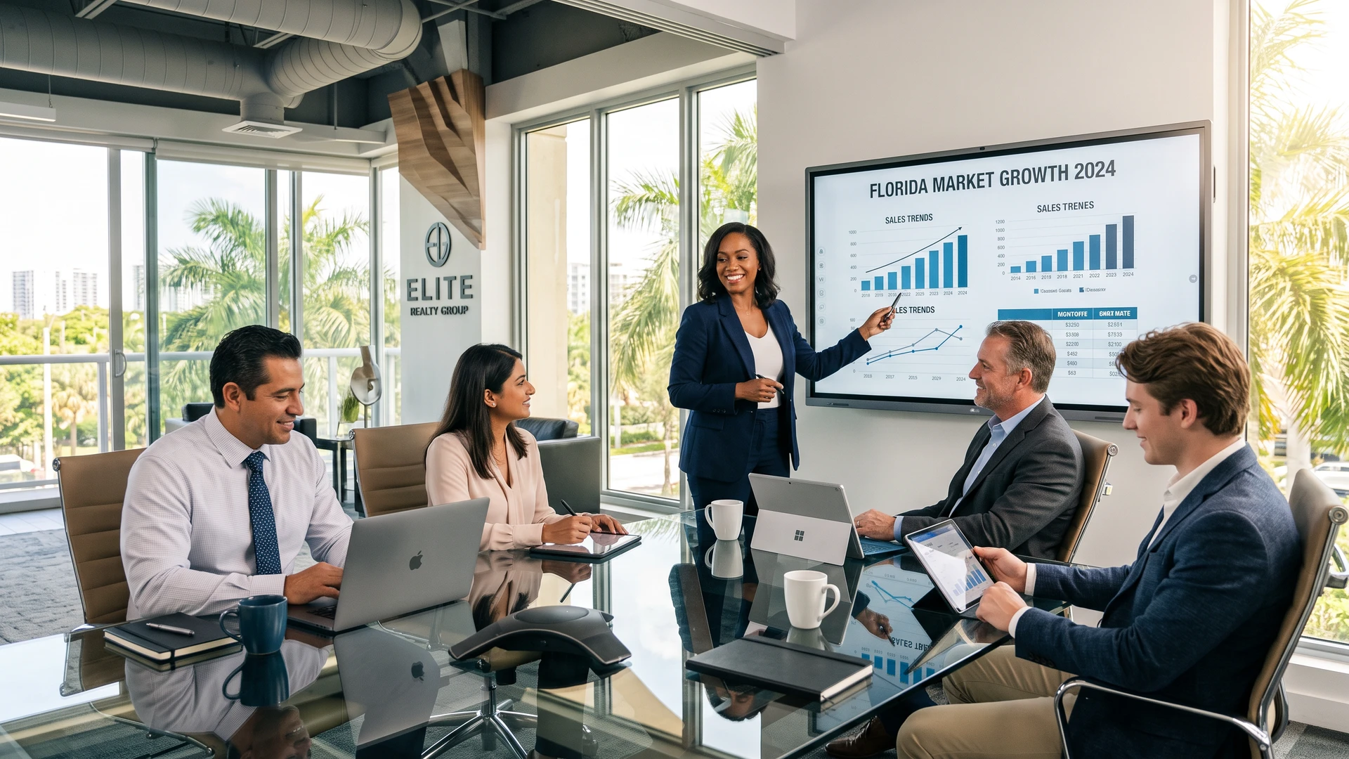 Florida real estate team meeting in a modern office brainstorming growth strategy