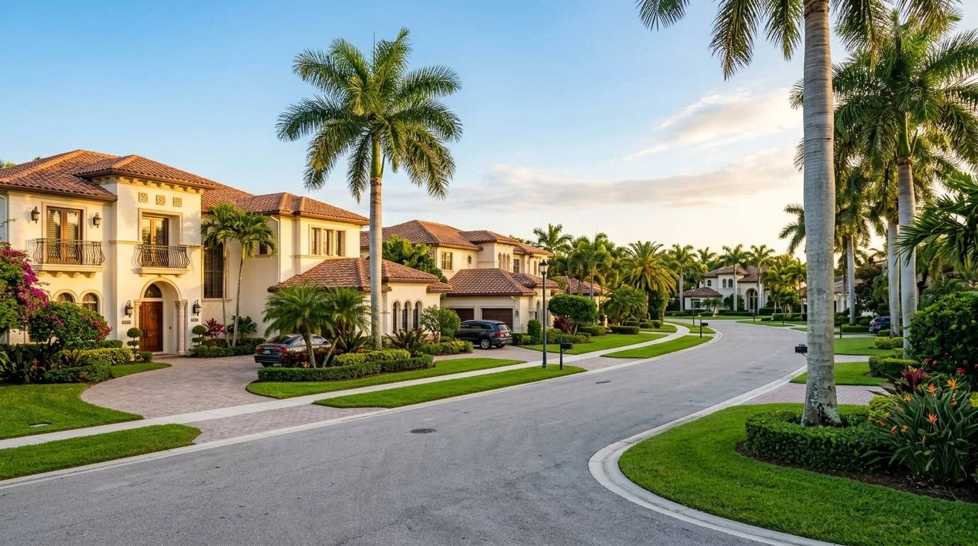 Upscale Weston Florida gated community with palm-lined streets and Mediterranean-style homes at golden hour