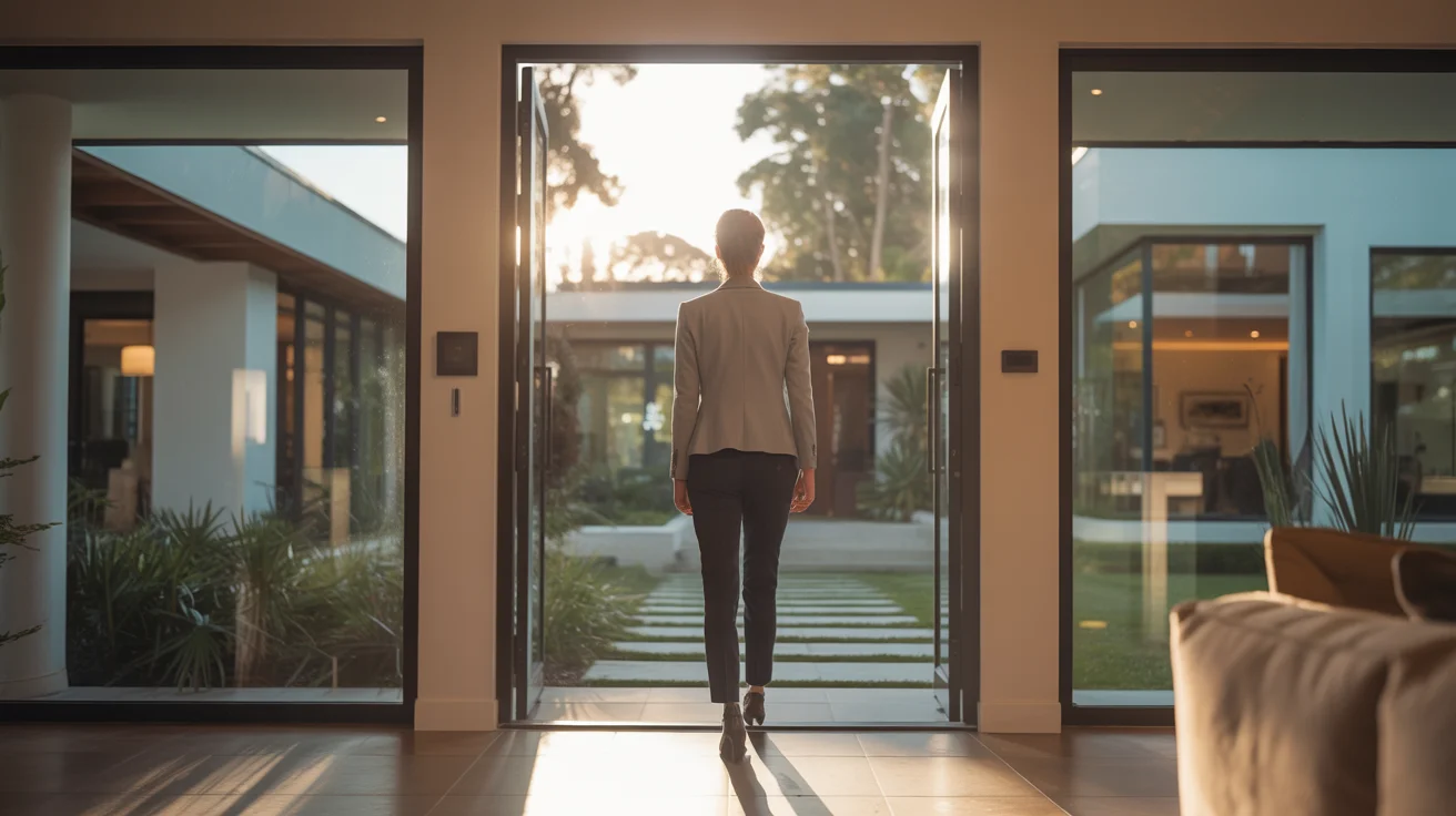 Real estate agent confidently walking through the front door of a modern luxury home toward bright light