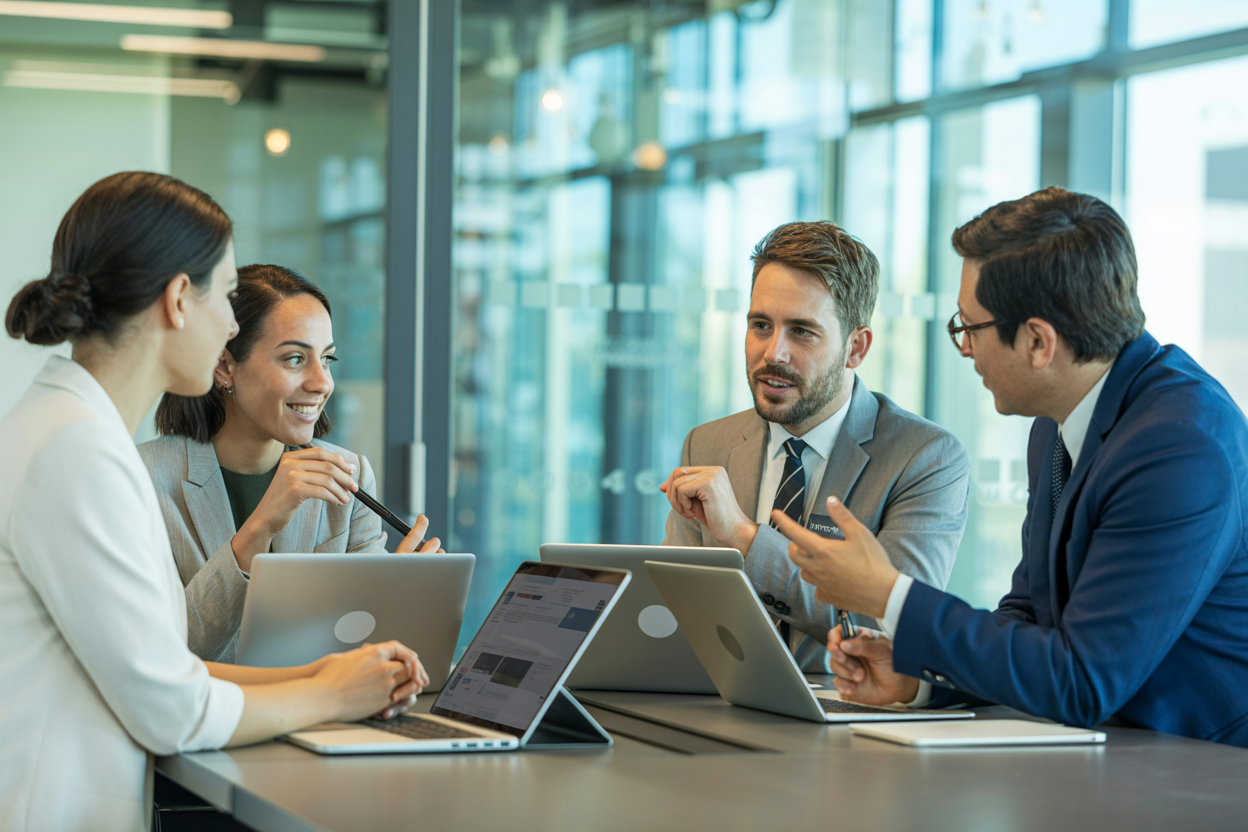 Diverse real estate professionals collaborating in modern glass office conference room